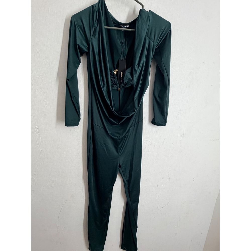 Fashion Nova Sierra Long Sleeve Cowl Neck Jumpsuit Hunter Green Lion Head Large